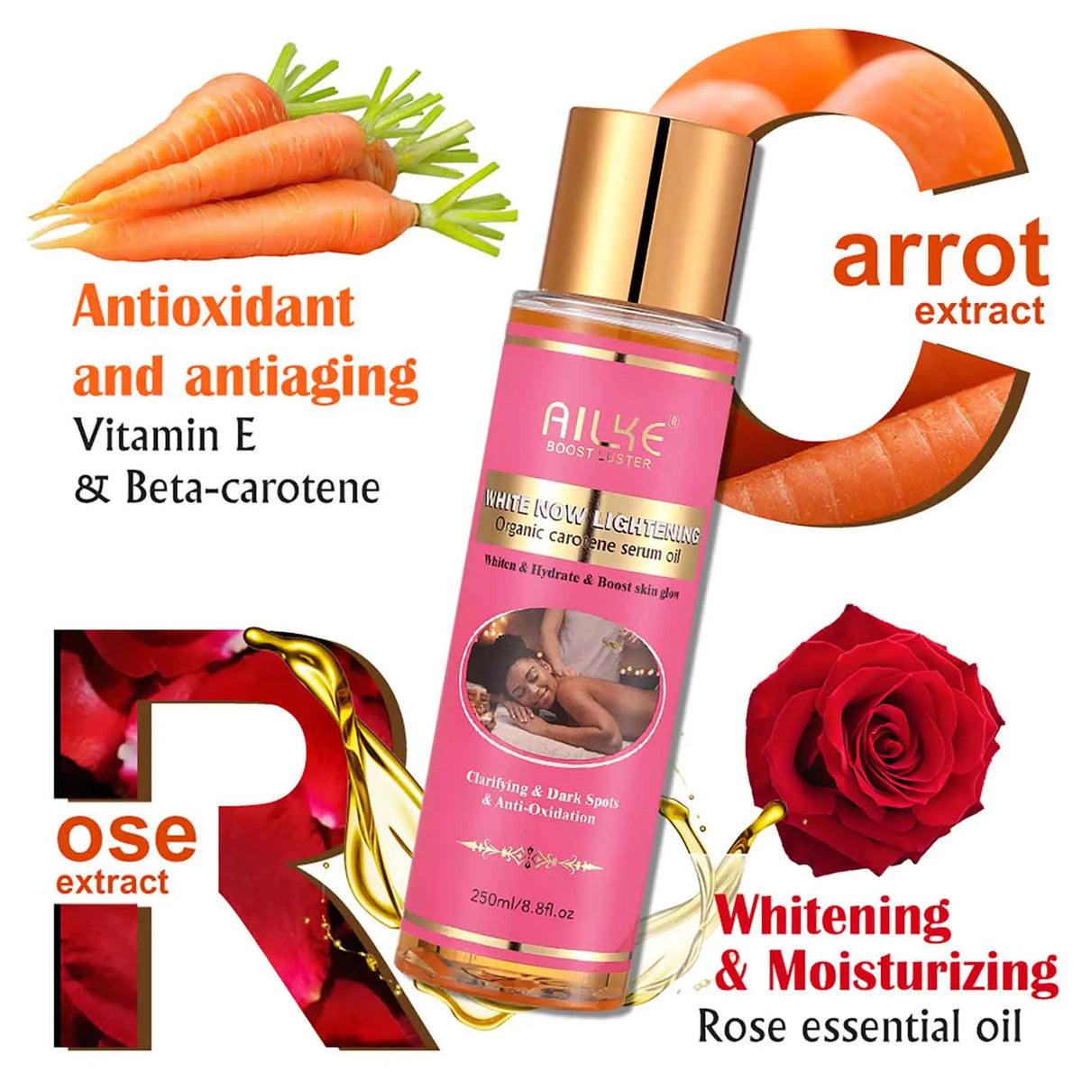 AILKE Organic Carotene Brightening Body Oil | Vitamin E & Rose