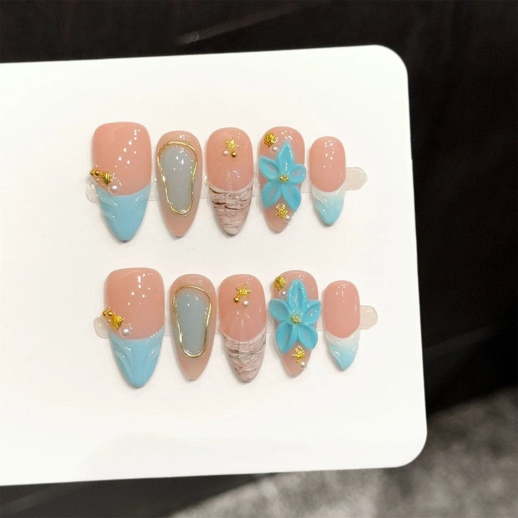 YADORNOS 3D Floral Almond Press-On Nails | Ocean Style 10pcs