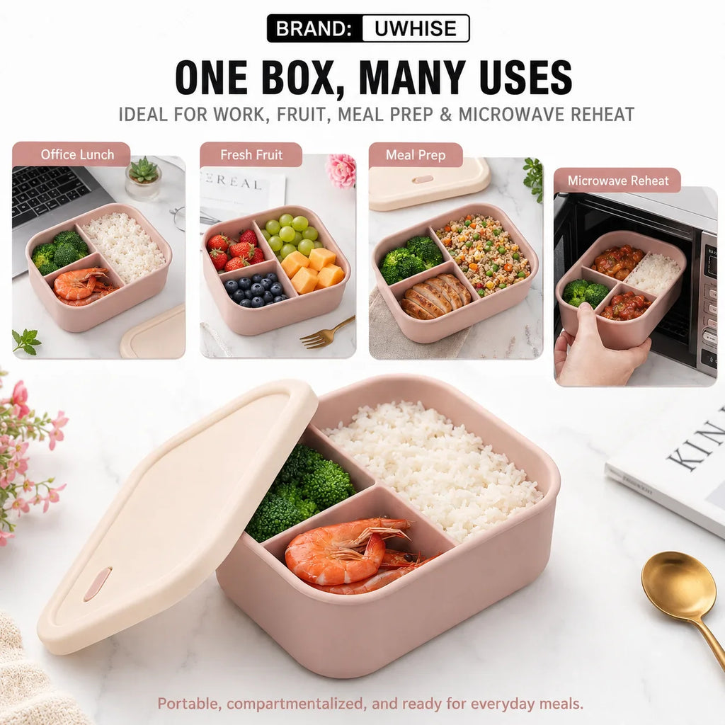 UWHISE Silicone Bento Box 3-Compartment Microwave Safe Lunch Box