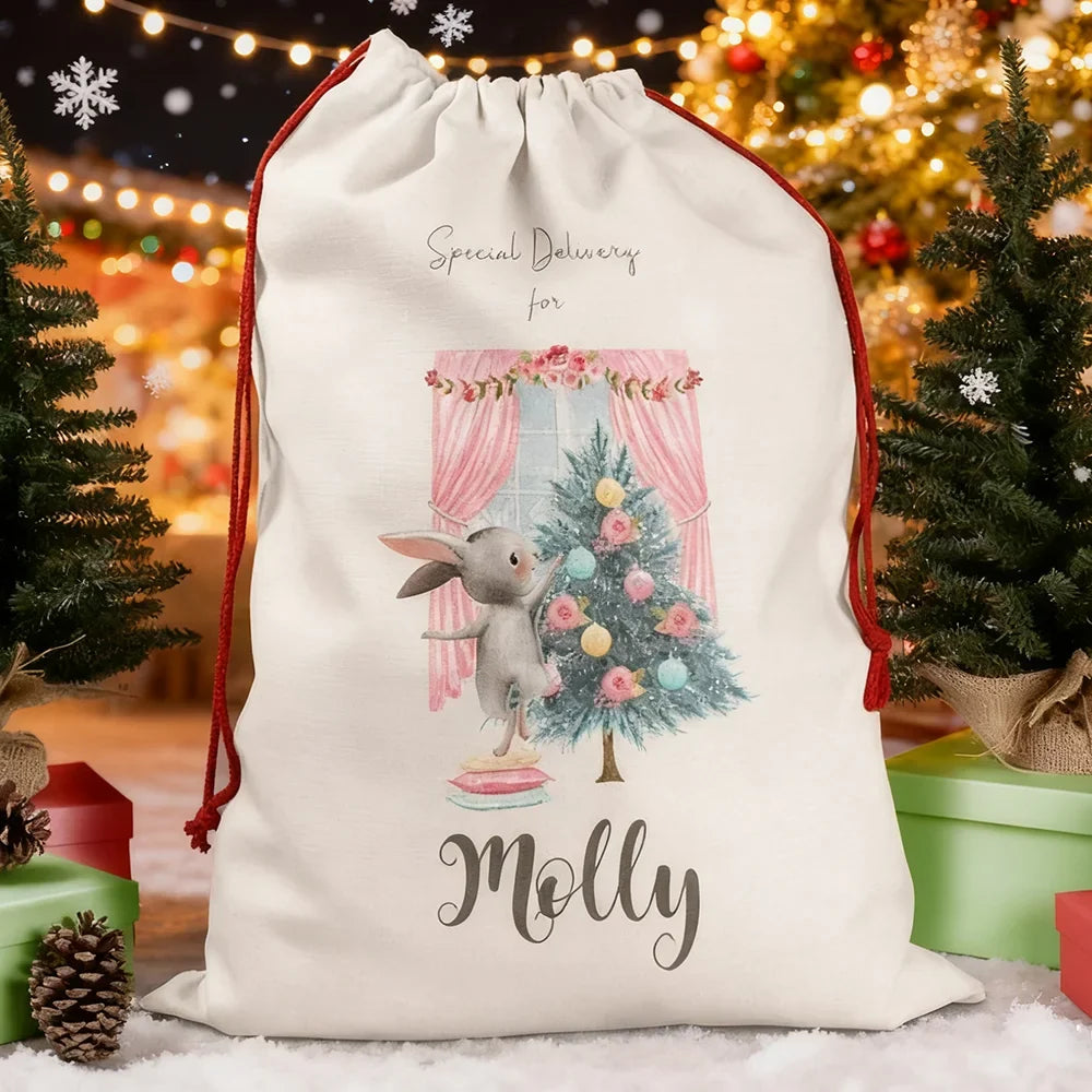 Personalized Pink Bunny Christmas Sack | Large Girl's Santa Bag