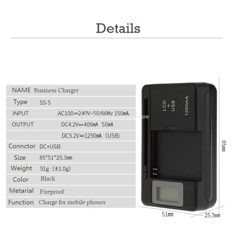 Universal LCD Battery Charger with USB Port | 32–55mm