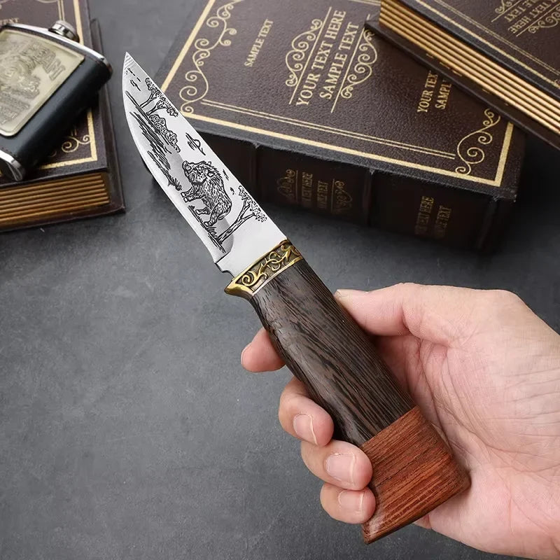 Fixed Blade Camping Knife – Engraved Stainless Steel & Wood Handle