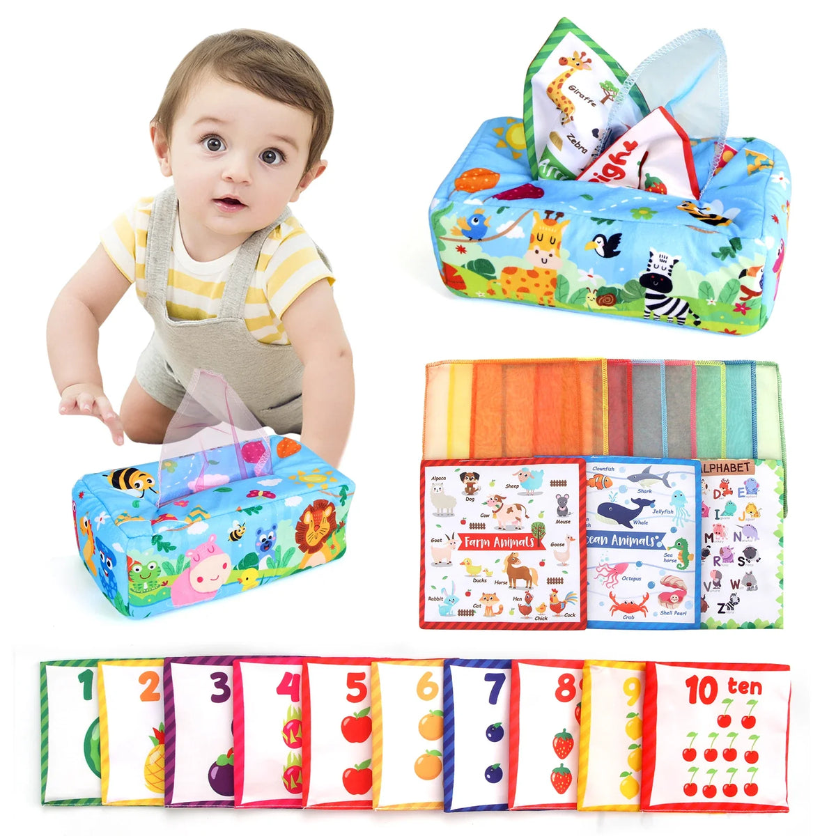 Baby Tissue Box 0-18M Sensory Toy Colorful Soft Toddler Finger