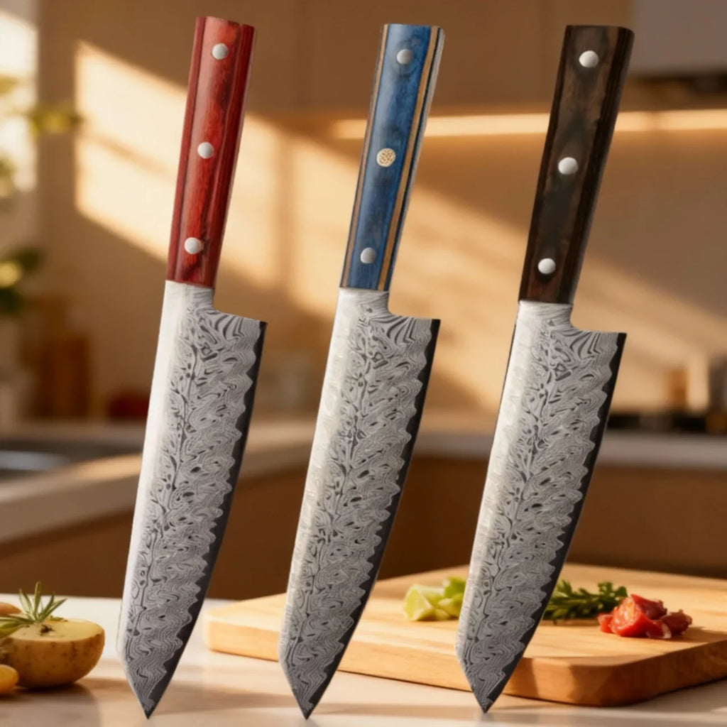 Damascus Steel Santoku Chef's Knife – Wood Handle, 20cm Blade