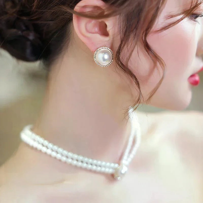 Fashion Double Layer Pearl Pendant Necklace Earrings Jewelry Ladies