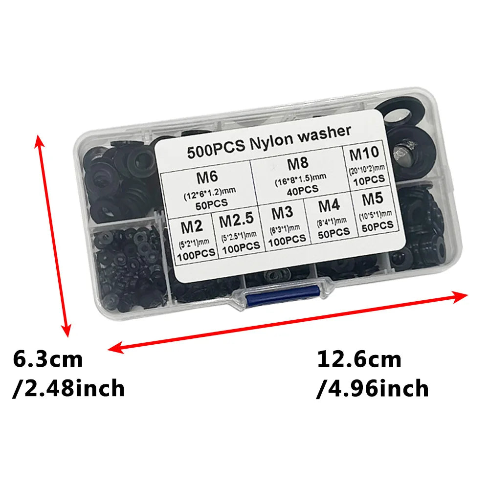 500 Pcs Nylon Flat Washer Kit M2–M10 | 8 Metric Sizes
