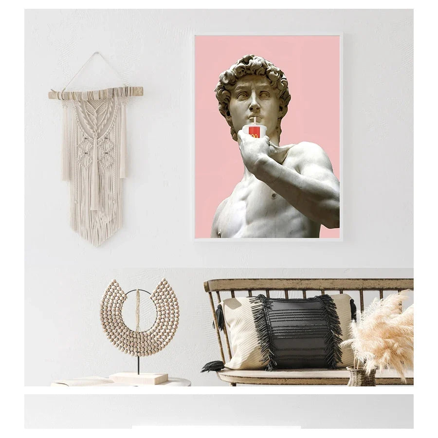 Vaporwave David Statue Canvas Wall Art | Modern Unframed Poster