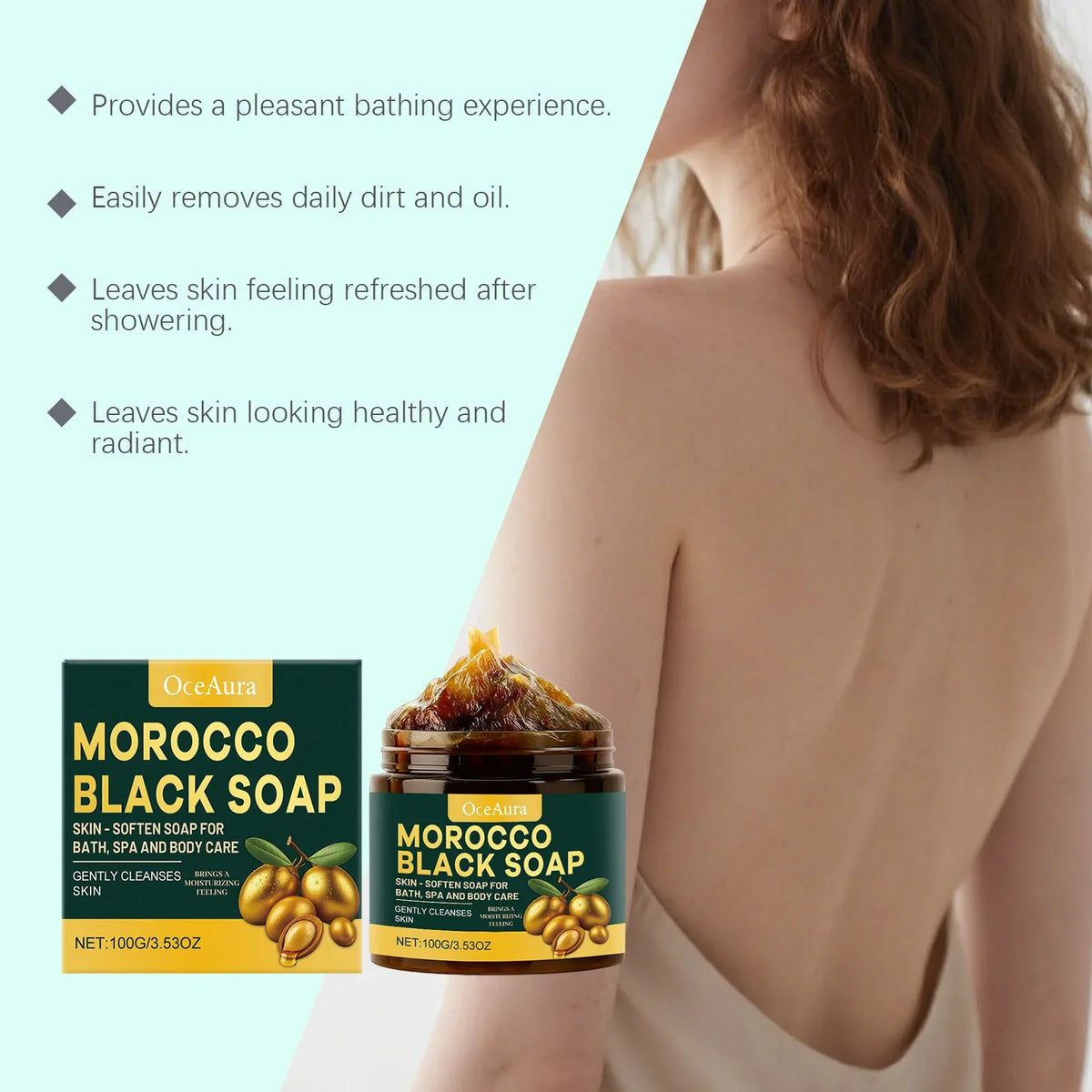 OceAura Moroccan Black Soap 100g – Exfoliating Body Bar