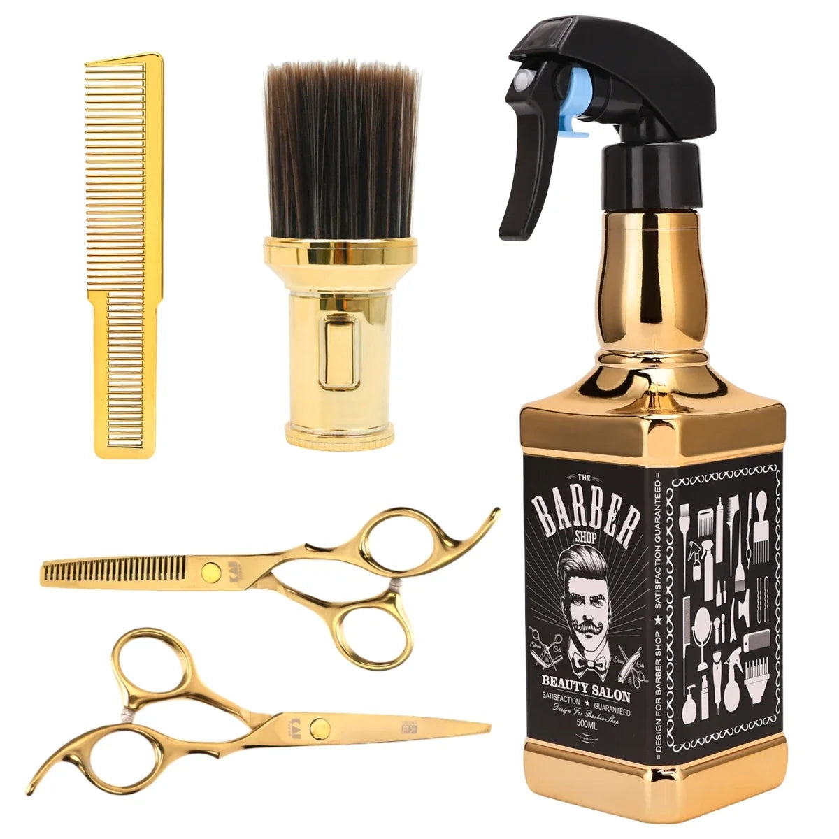 5-Piece Gold Barber Tools Set – Combs, Scissors & Spray Bottle