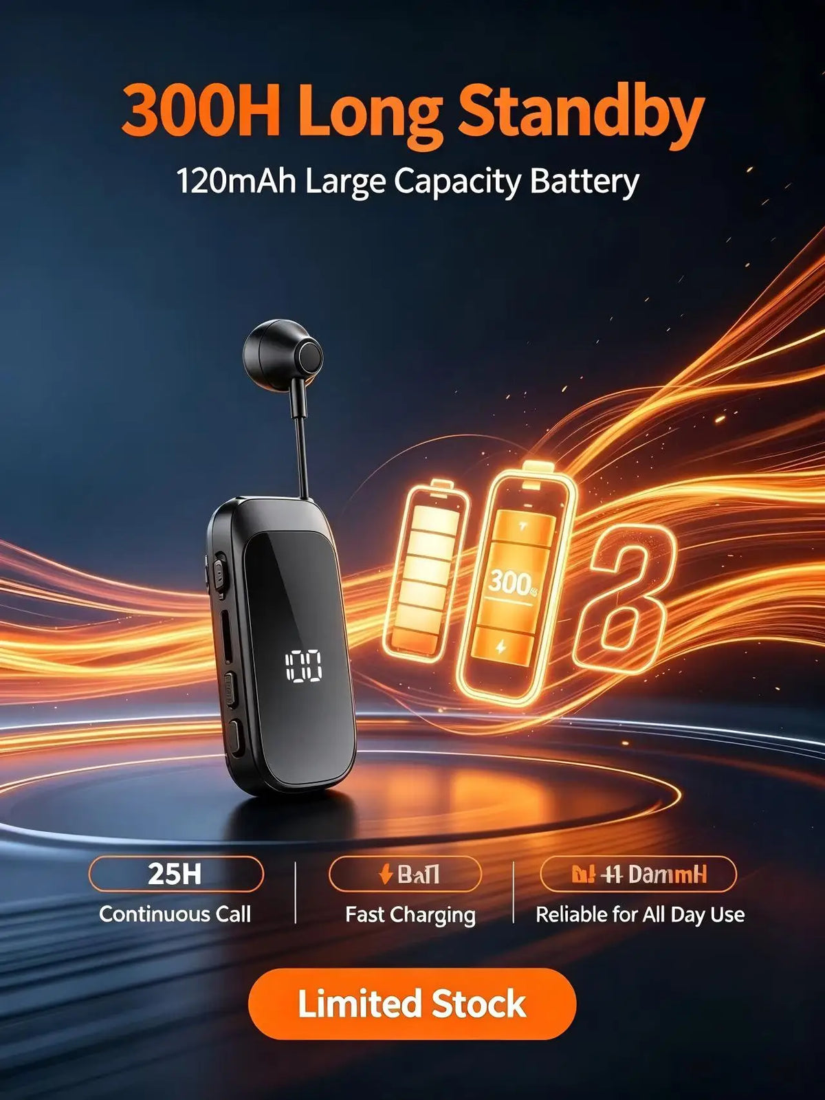 K30 Clip-On Bluetooth Earbud – Retractable Wire & Power Display