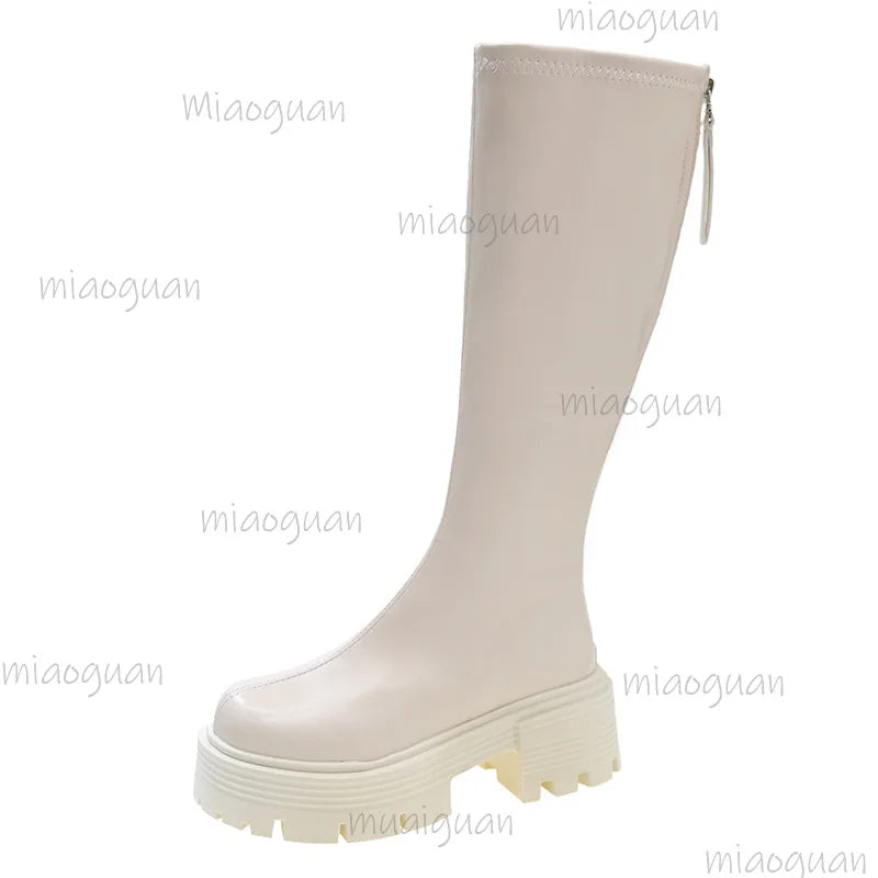 Women's Retro Knee High Boots – Thick Sole & Back Zipper
