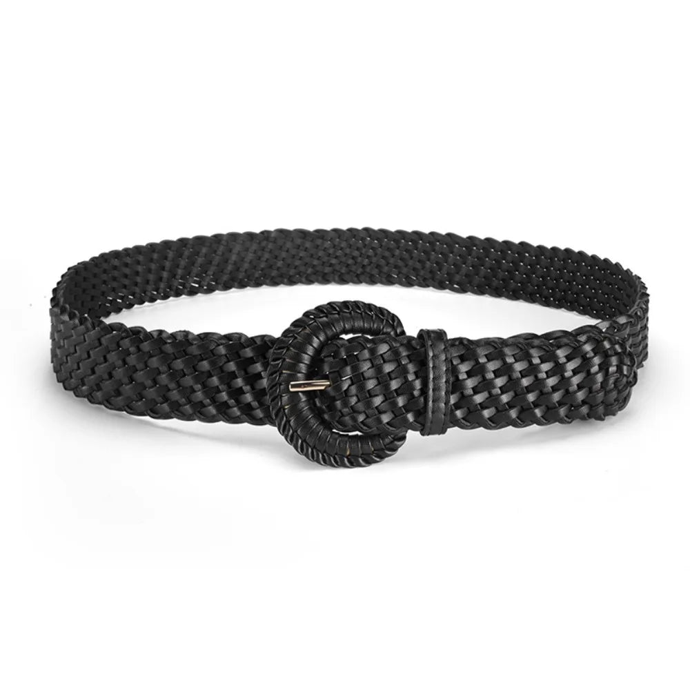 Bohemian Woven Wide Belt – Retro PU Leather Waistband for Women