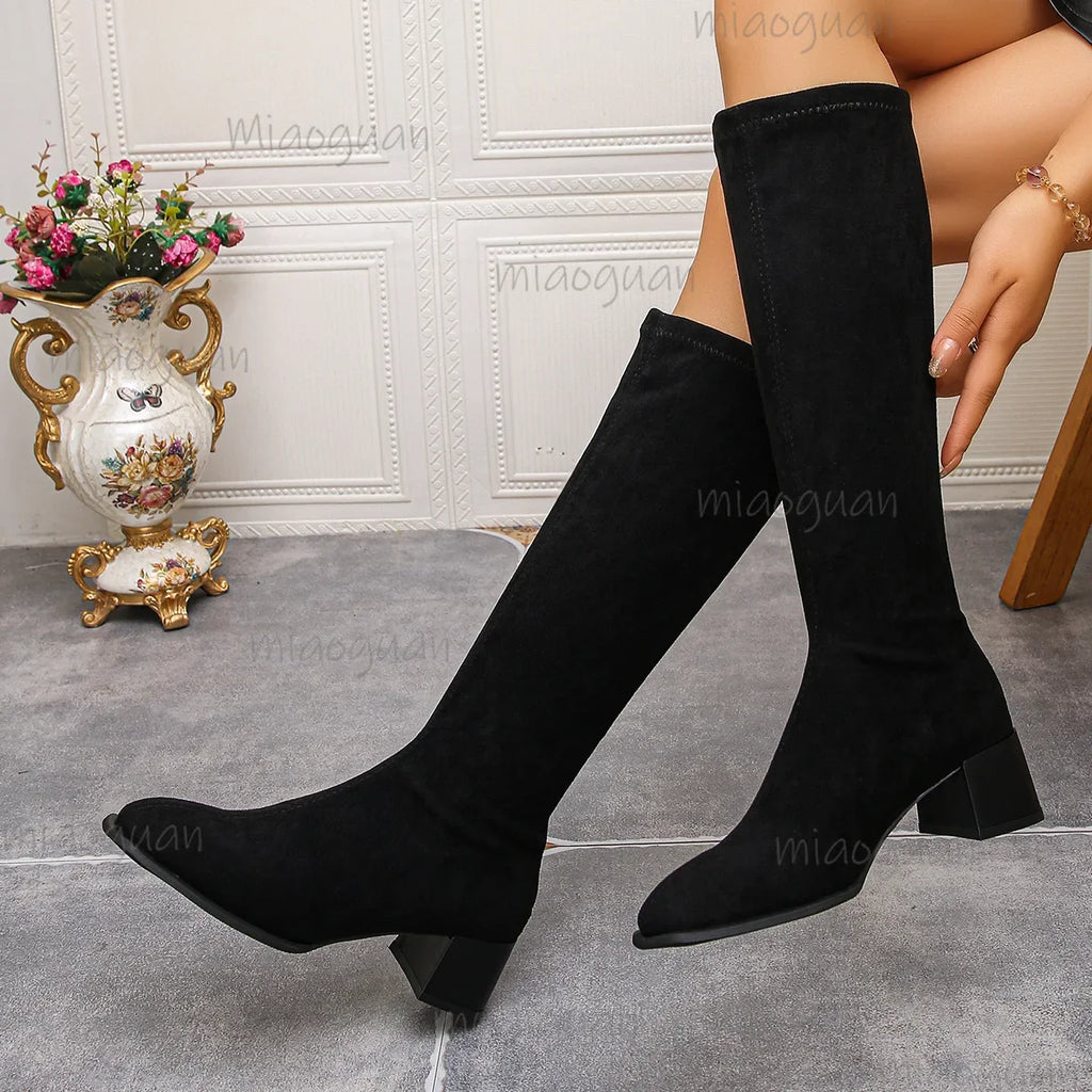 Women's Faux Suede Knee High Boots – Square Heel & Back Zip