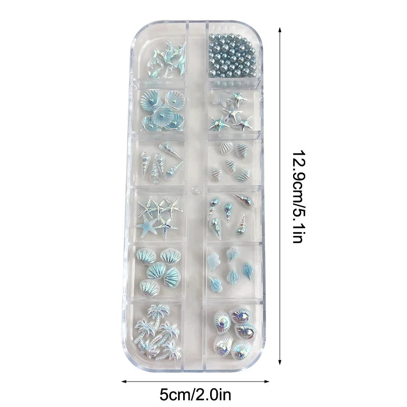 3D Ocean Nail Charms – Shell, Starfish & Mermaid 12-Grid Box