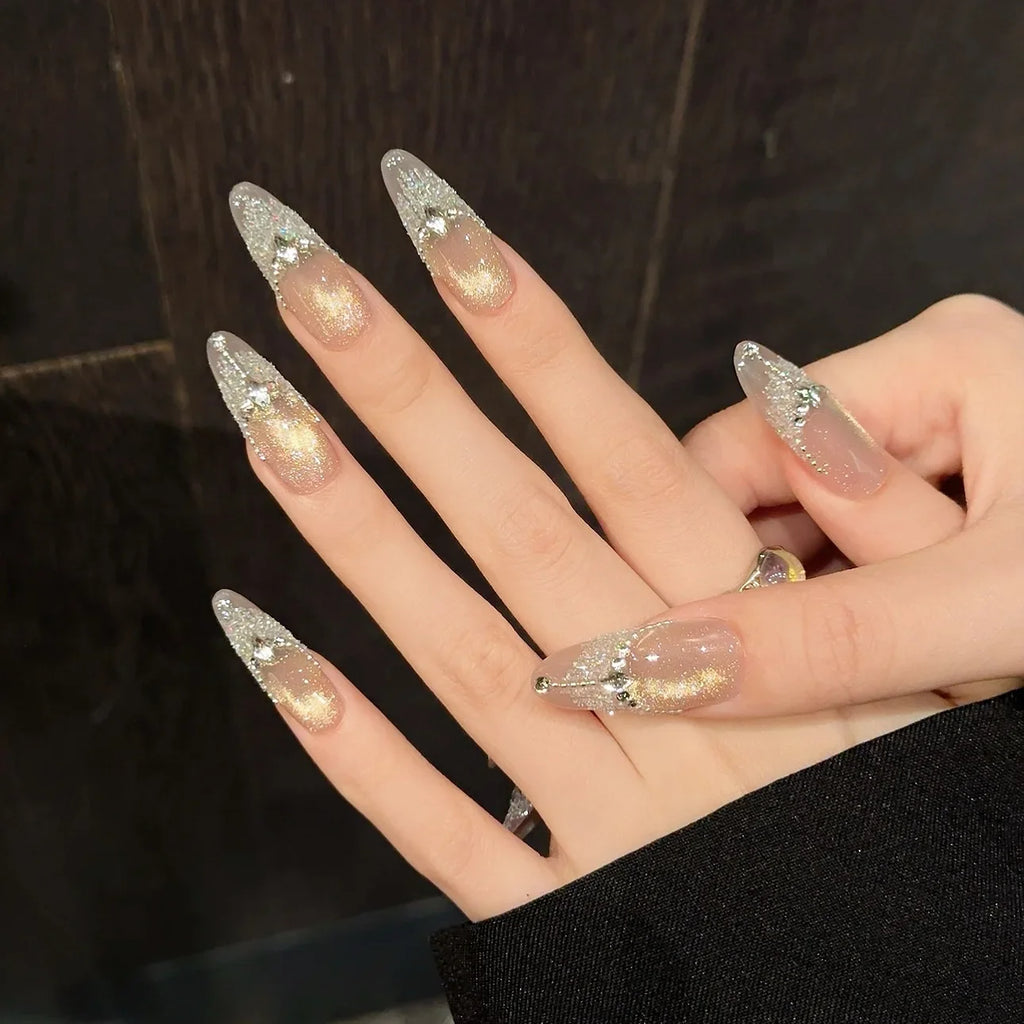 Handmade Glitter Diamond Aurora Cat Eye Press On Nails – 10pc