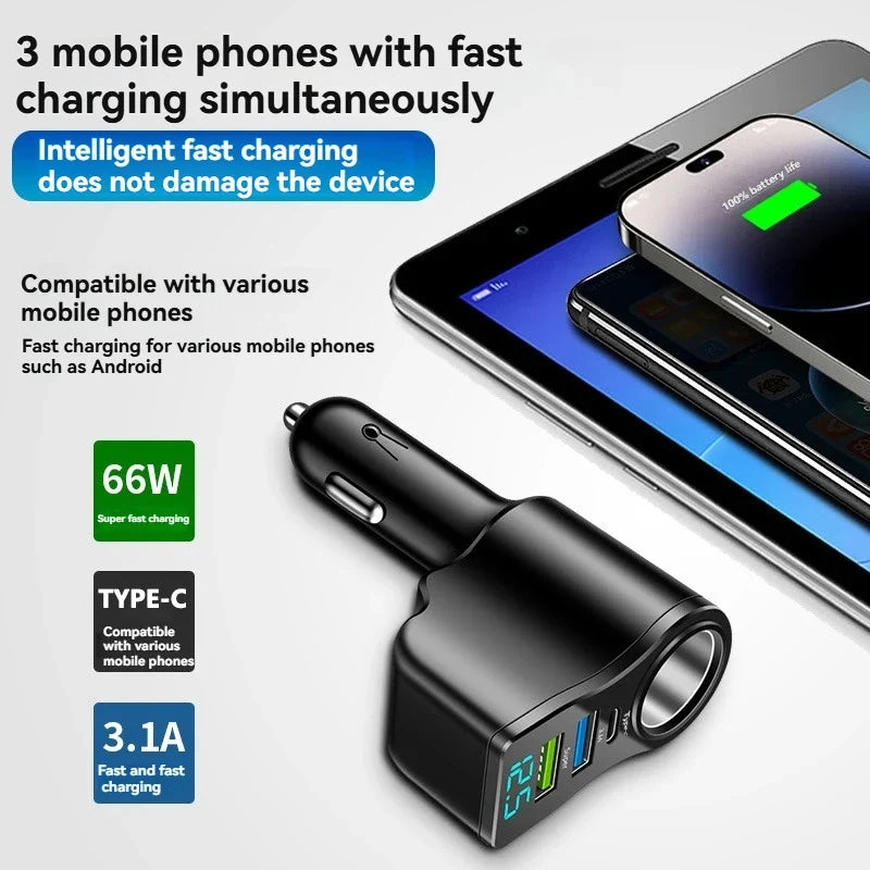 66W Dual USB Car Charger with Digital Display | 3-in-1