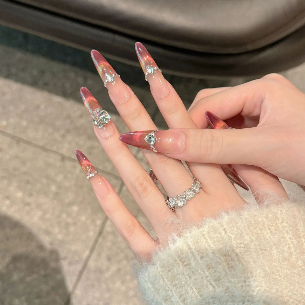 Press-On Nails Pomegranate Pink Cat Eye Long Oval | YADORNOS