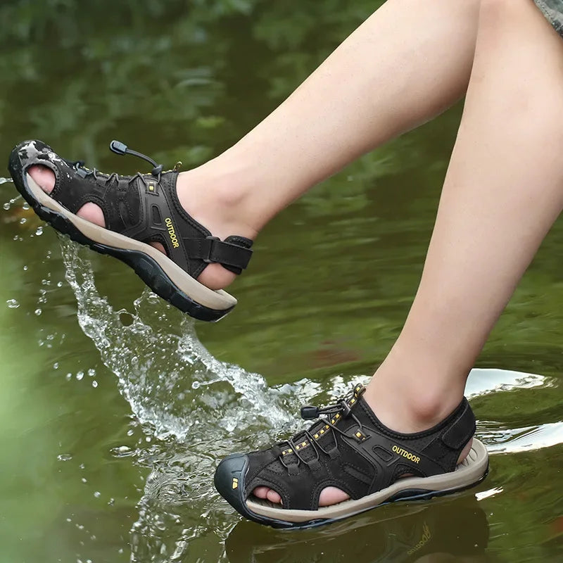 YBQJOO Men's Genuine Leather Outdoor Sandals | Non-Slip