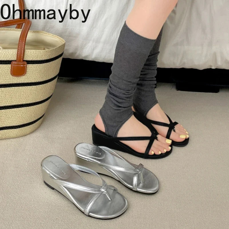 Women's Wedge Heel Silver Slide Sandals – Narrow Band Clip Toe