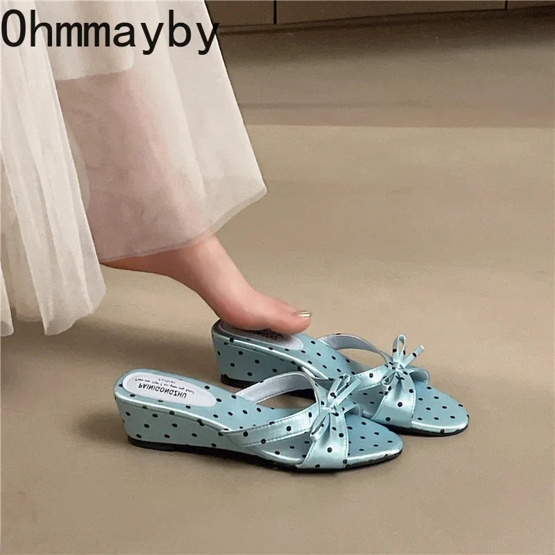 Satin Butterfly-Knot Women Wedge Slippers – Polka Dot Slides