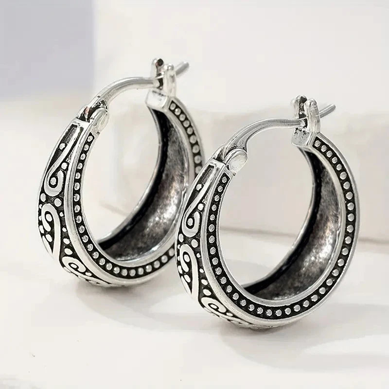 Huitan Antique Silver Geometric Hoop Earrings | Vintage Women