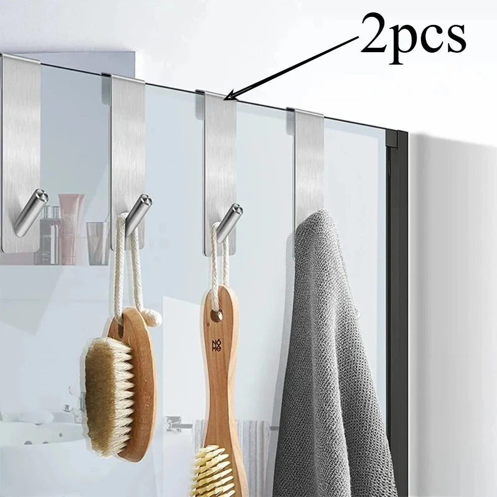 Drill-Free Glass Door Hooks – Stainless Steel Bathroom Storage