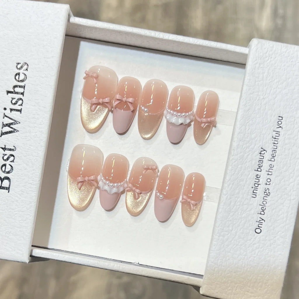 Handmade Press On Nails Gradient Purple Pink Bow | 10pc Set