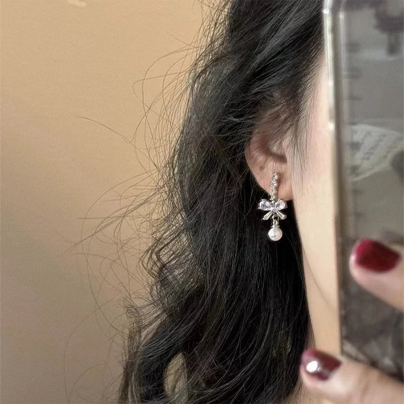 Bow Pearl Dangle Stud Earrings – Sweet Fashion Jewelry Women
