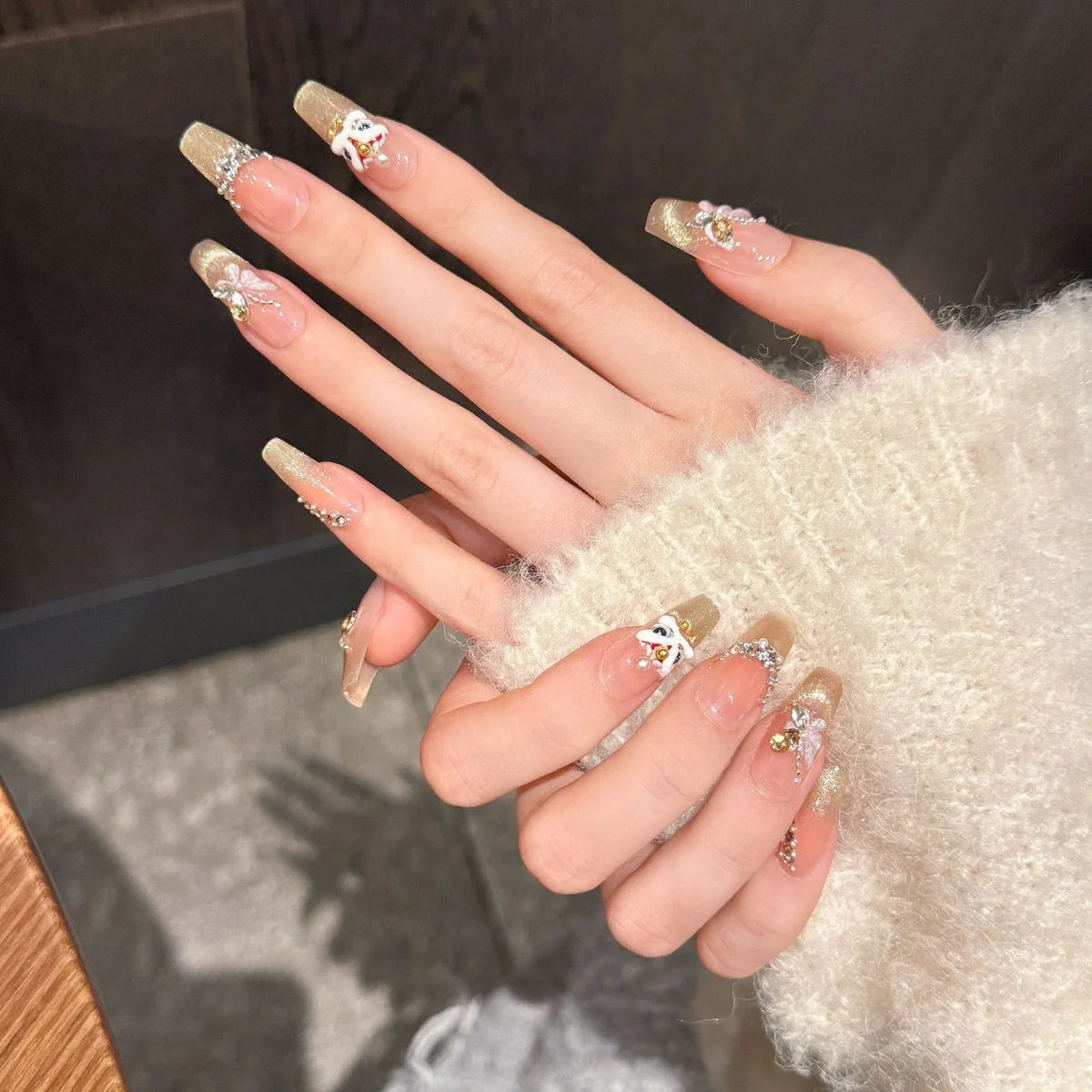 3D Lion Pearl Press On Nails | Cat's Eye Almond False Nails