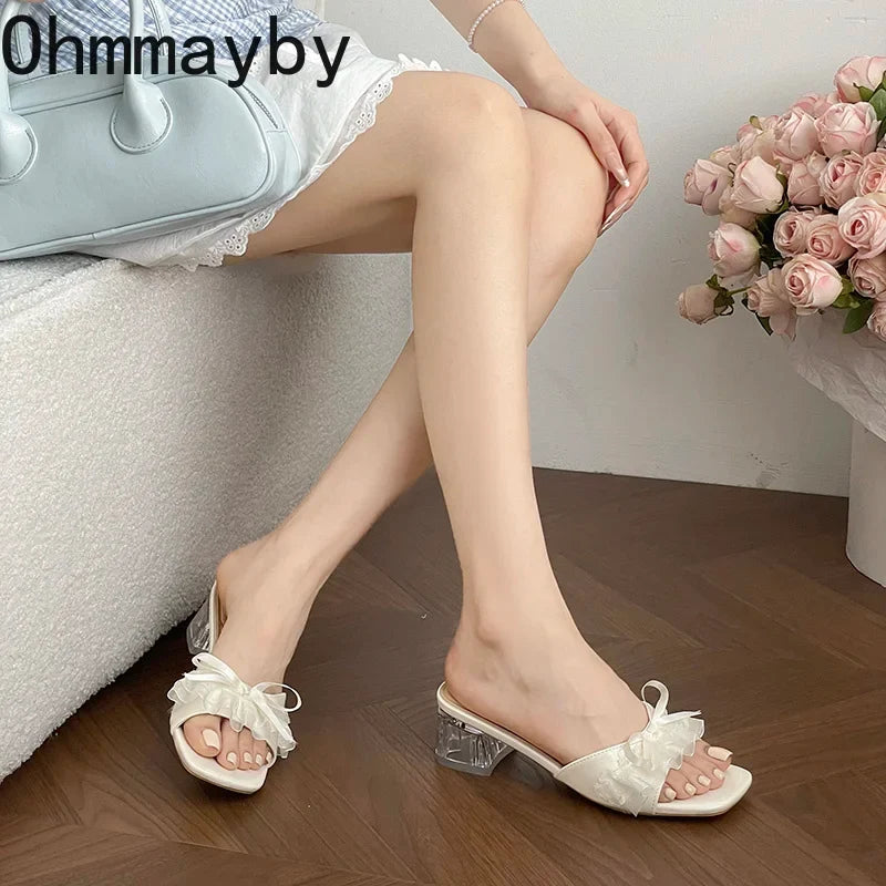 Crystal Heel Women's Mule Slippers – Butterfly-Knot Square Toe