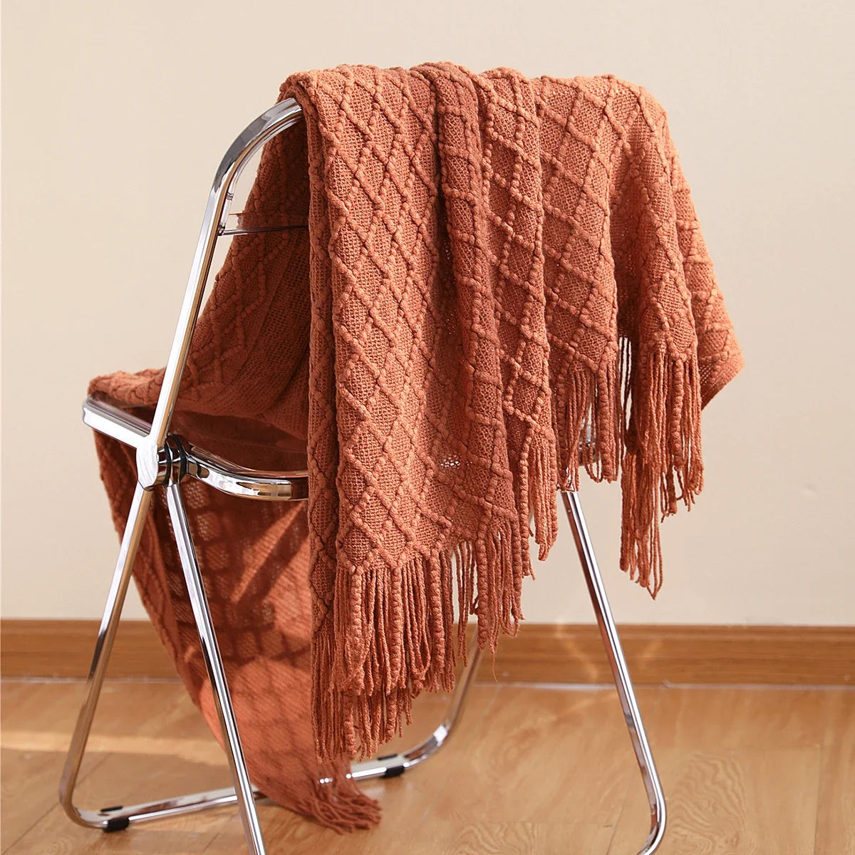 Battilo Orange Red Knitted Throw Blanket | Fall Plaid Decor