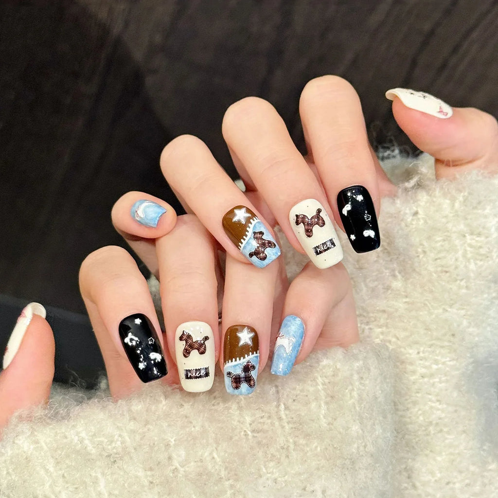 Y2K Glitter Stars & Bow Press On Nails | Korean Ballet Style 10pc
