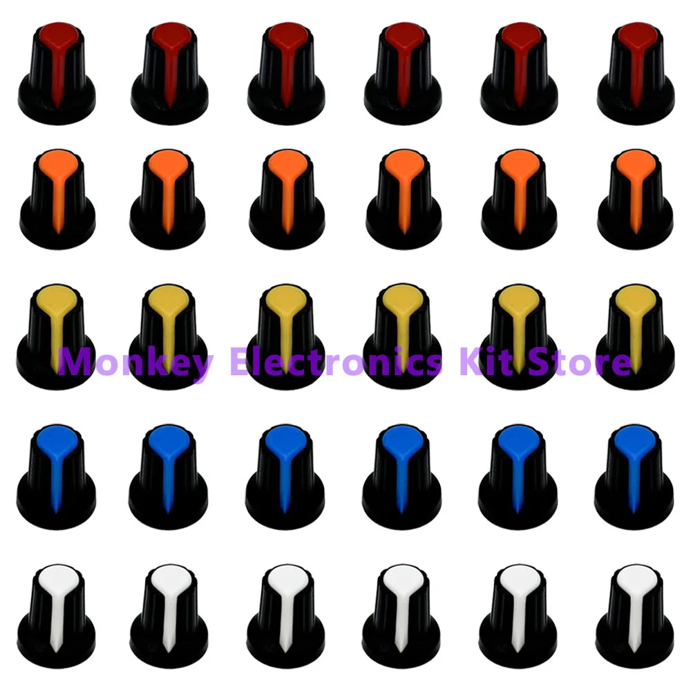 30-Piece Plastic Potentiometer Knobs 6mm Shaft – 5 Colors
