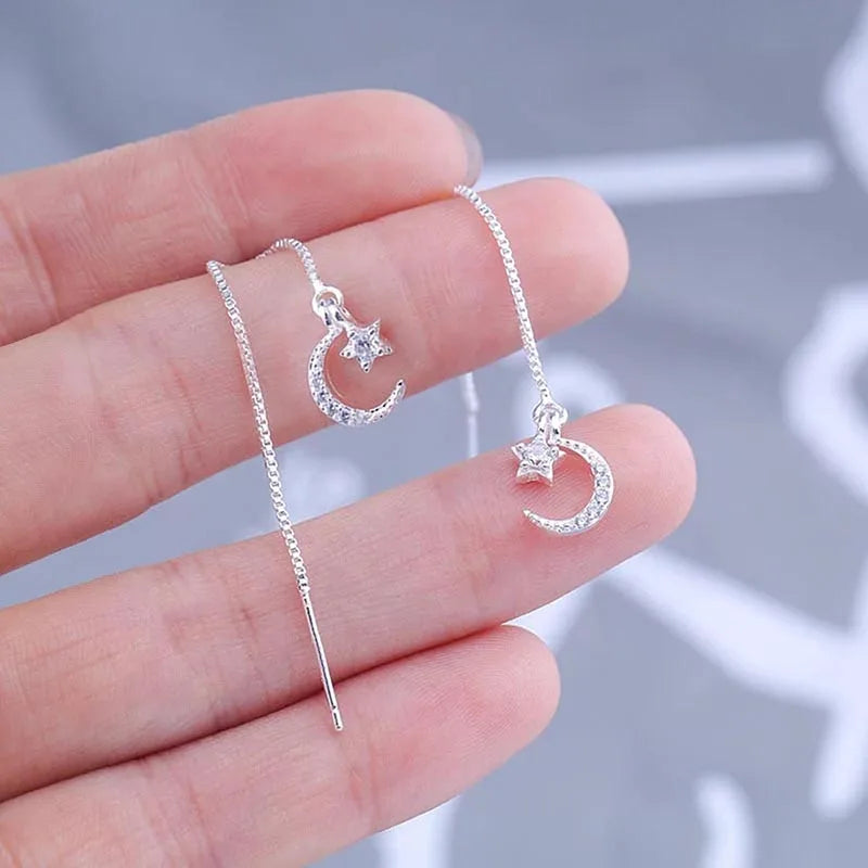 Huitan Moon & Star Long Tassel Drop Earrings | Silver Zirconia