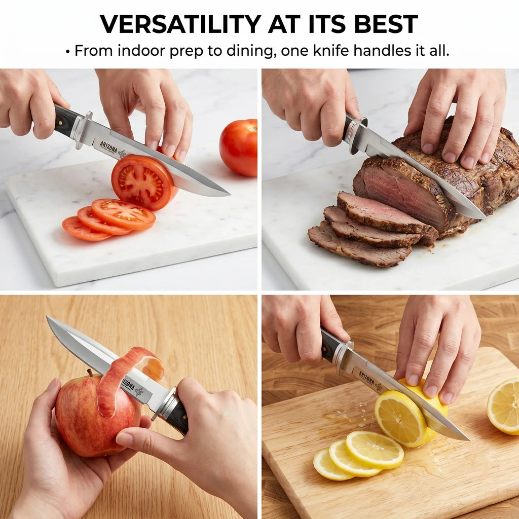 Fixed-Blade Kitchen Knife with Leather Sheath | Carbon Steel