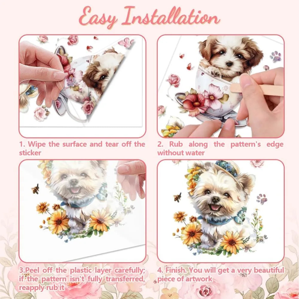 Rub-On Transfer Decals Dogs & Flowers 6×12" 3-Pack UV DTF