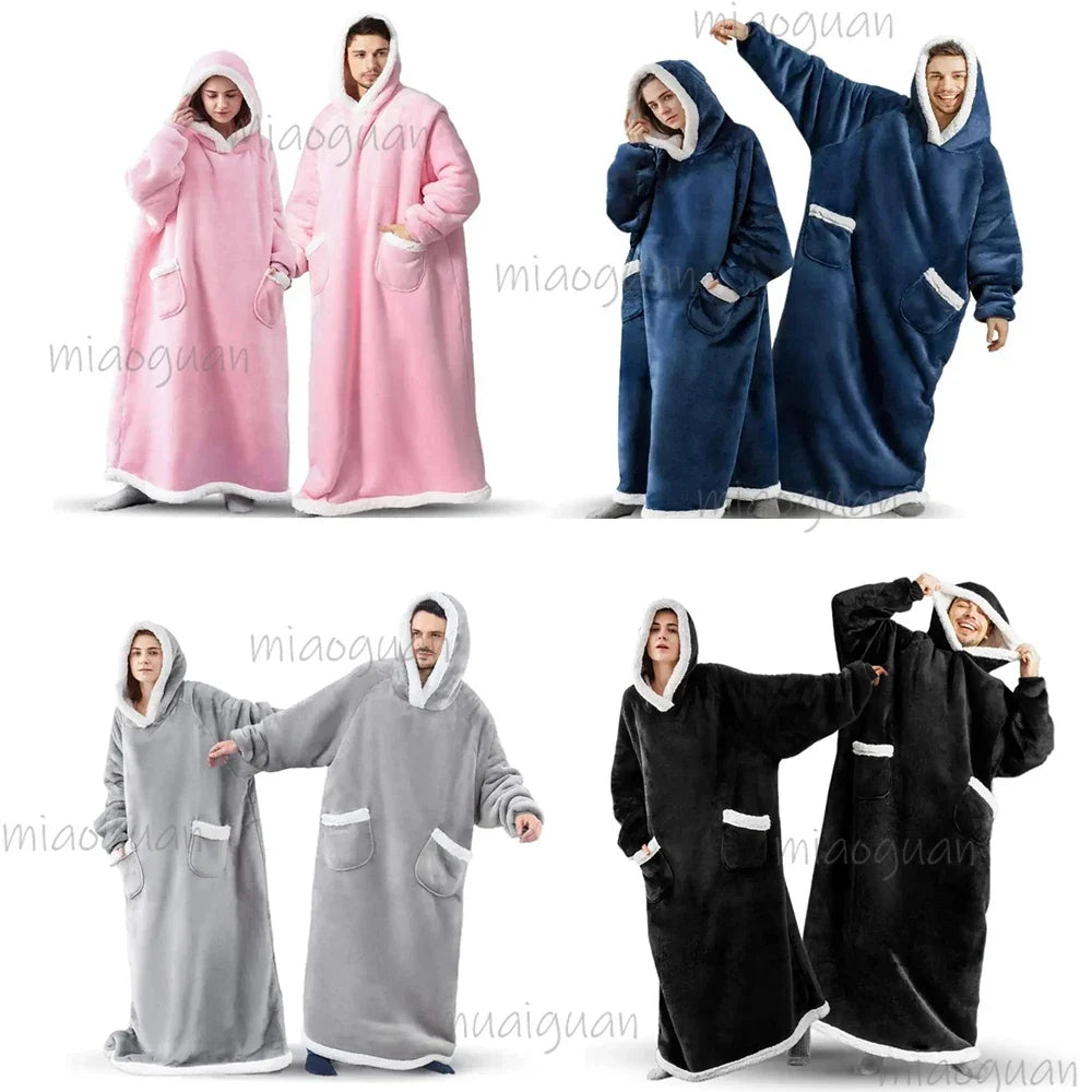 Oversized Flannel Blanket Hoodie – Fleece Pullover Robe