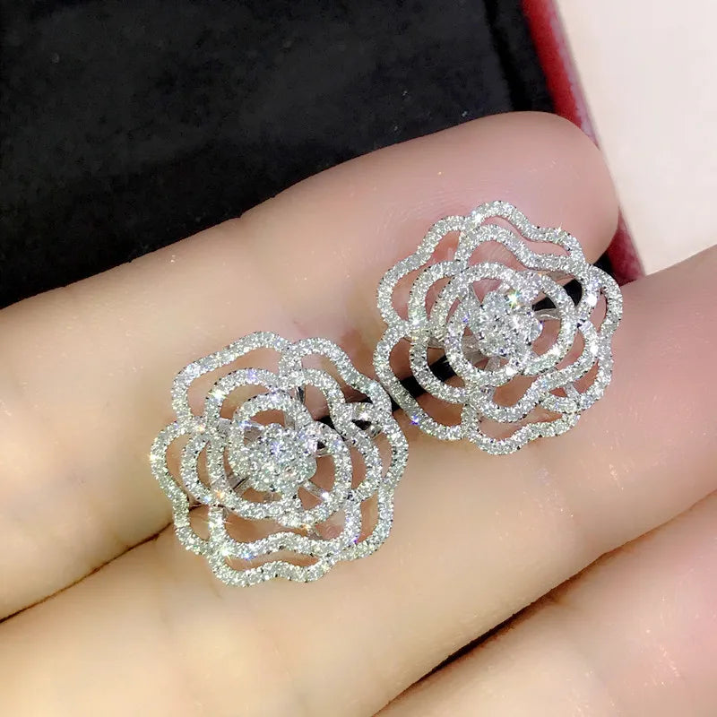 Huitan Camellia Flower CZ Crystal Stud Earrings – Silver