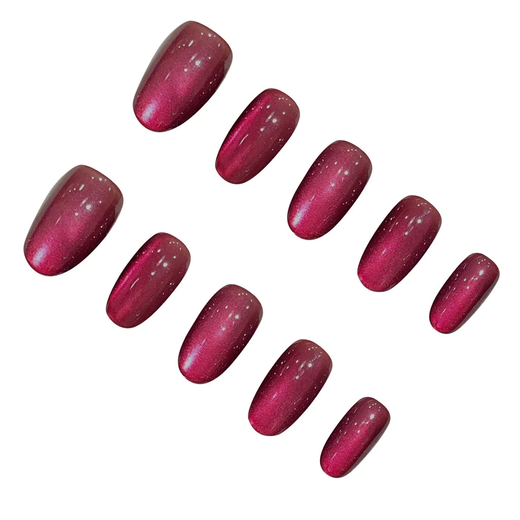 YADORNOS Dark Plum Cat Eye Press On Nails | Short Oval Fake Nails
