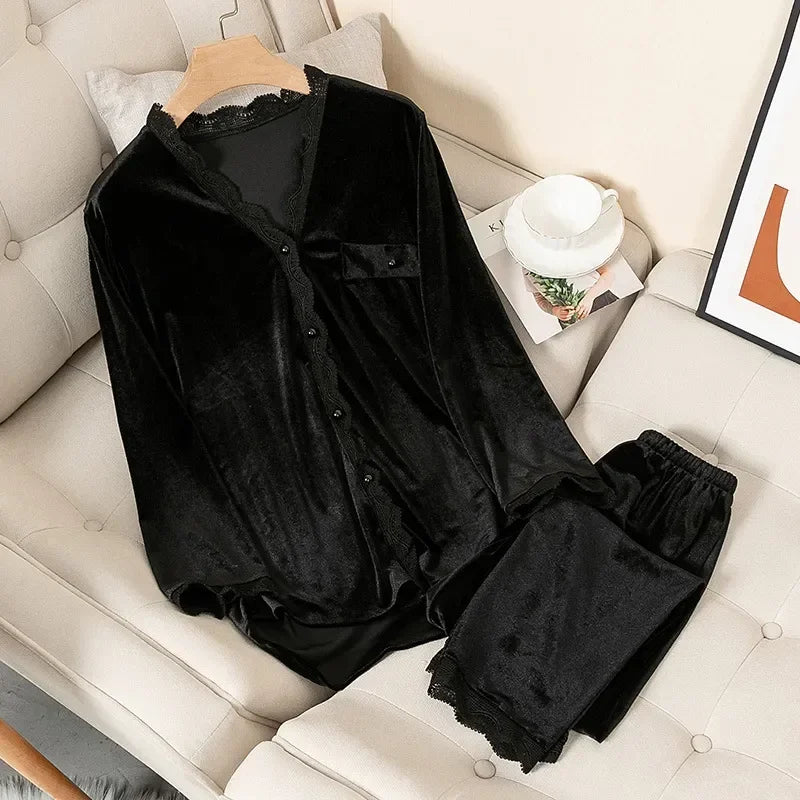 Women's Velvet Pajama Set – Long Sleeve Lace Trim Sleepwear