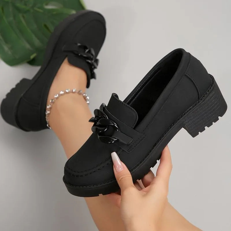 Women's Platform Loafers – Chunky Heel Slip-On Shoes & Metal Buckle