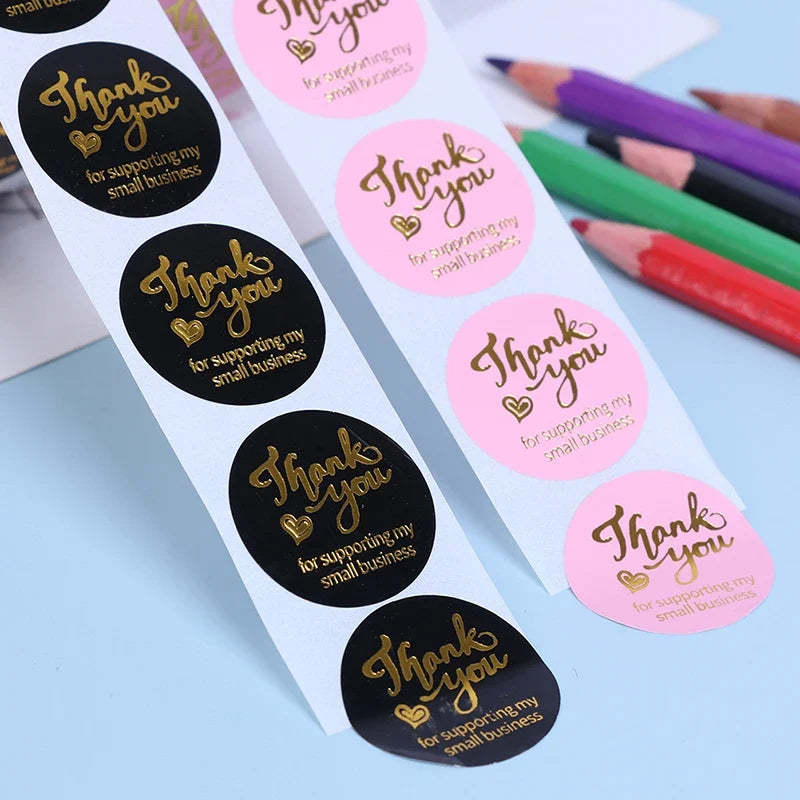 500 Round Thank You Stickers – Hot Stamp Pink & Black Labels