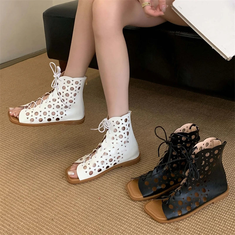 Women's Hollow Out Flat Gladiator Sandal Boots | Peep Toe Zip