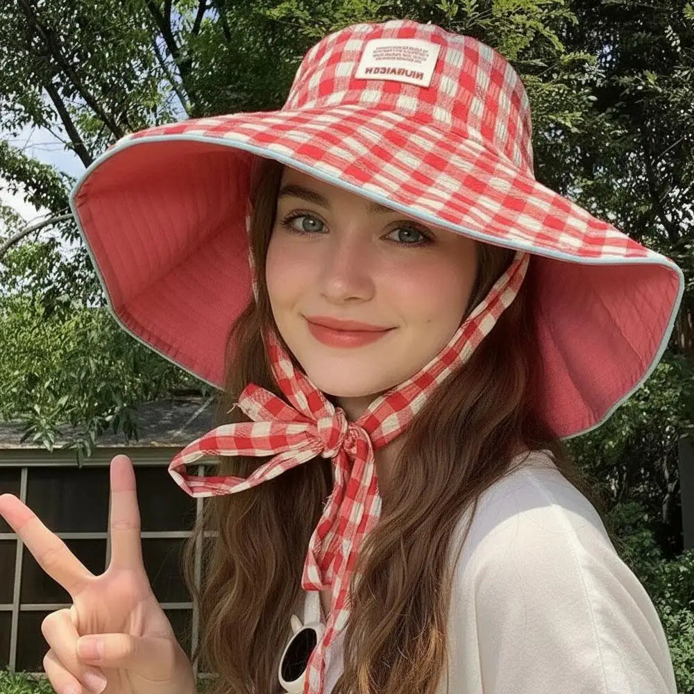 Women Summer UV Protection Wide Brim Sun Hats Chin Strap Cute Pastel