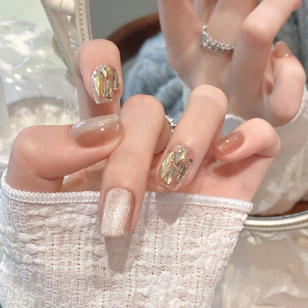 Handmade Short Press Nails Sparkling Champagne Cat's Eye Fake Nail