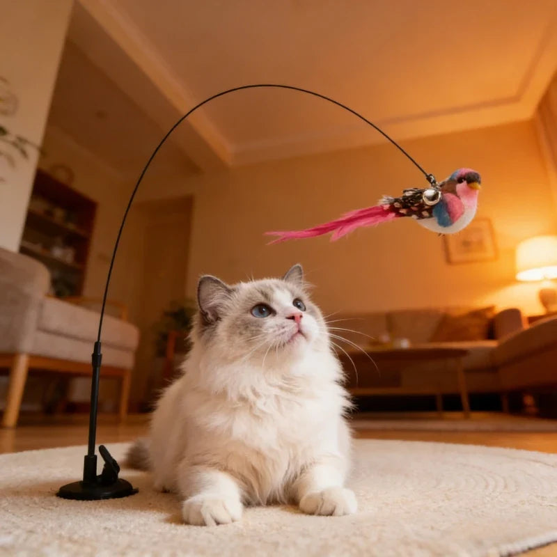 Cat Feather Wand Toy – Steel Wire Long Pole Kitten Teaser