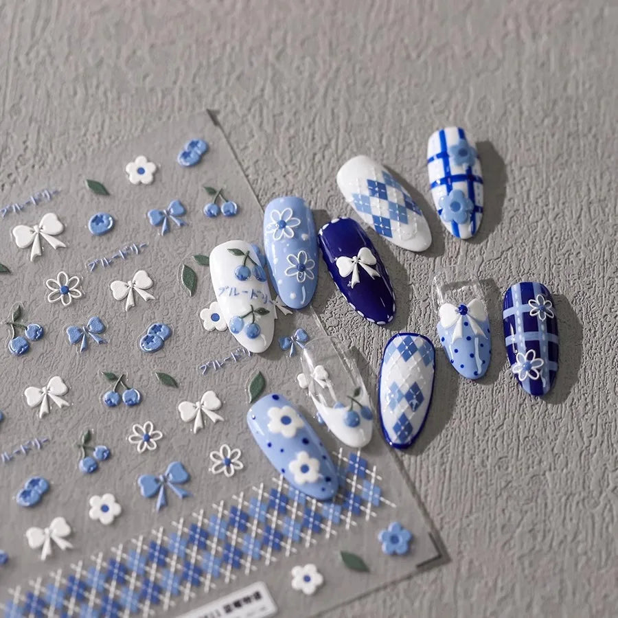 Blueberry Floral Nail Stickers | Blue White Bow Manicure Decals