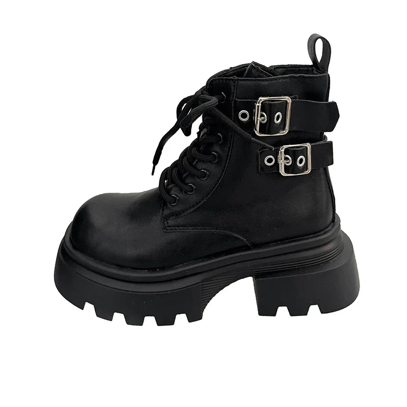 Women's Platform Ankle Boots – Square Heel Zip Buckle Booties