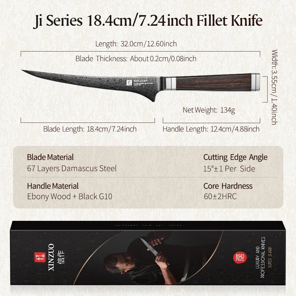 XINZUO 7.2" Damascus Steel Fillet Knife – Ebony Wood Handle