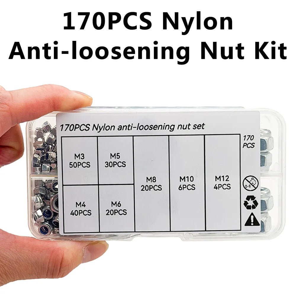 170-Piece Hex Nylon Insert Lock Nut Kit M3 M4 M5 M6 M8 M10 M12